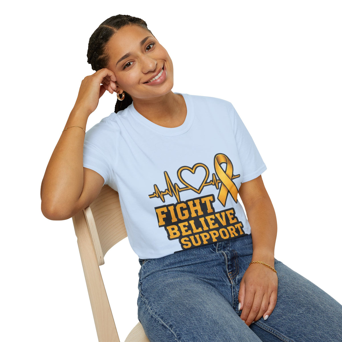 Childhood Cancer Awareness T-Shirt – "Fight Believe Support Never Give Up" Gold Ribbon Tee