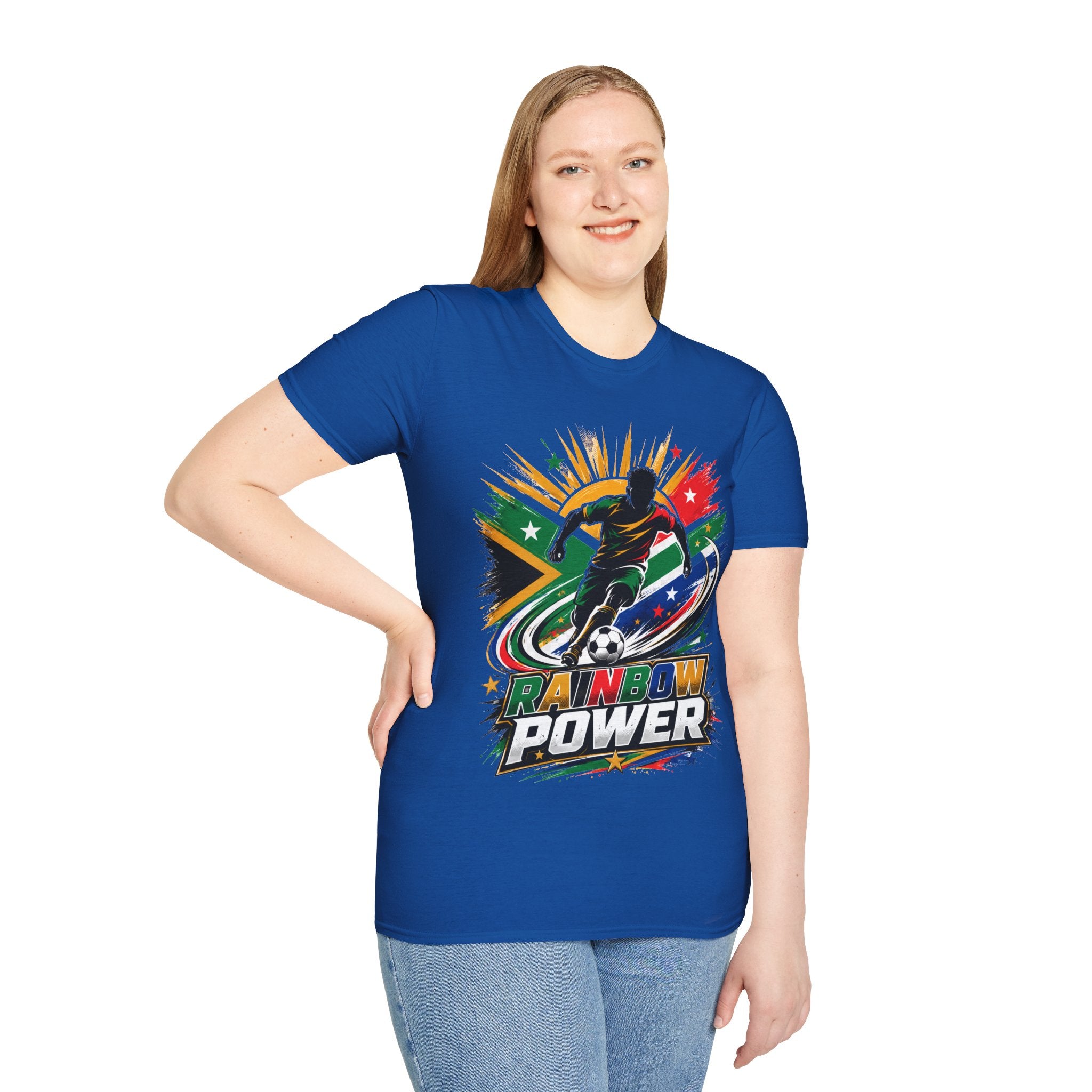 South Africa Soccer Rainbow Power T-Shirt — Colorful Football Player Graphic Tee