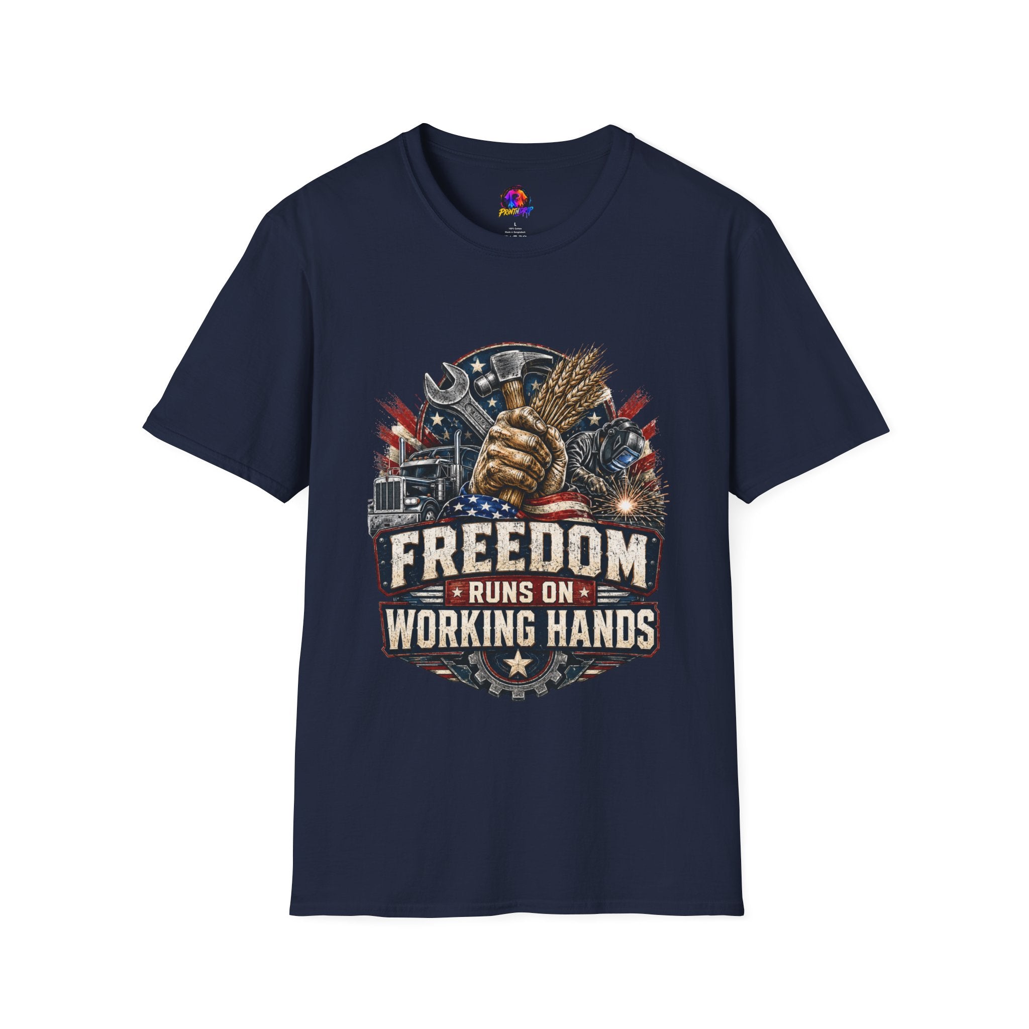 Freedom Runs on Working Hands T-Shirt — Patriotic Mechanic Tool & Wheat Design