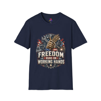 Freedom Runs on Working Hands T-Shirt — Patriotic Mechanic Tool & Wheat Design