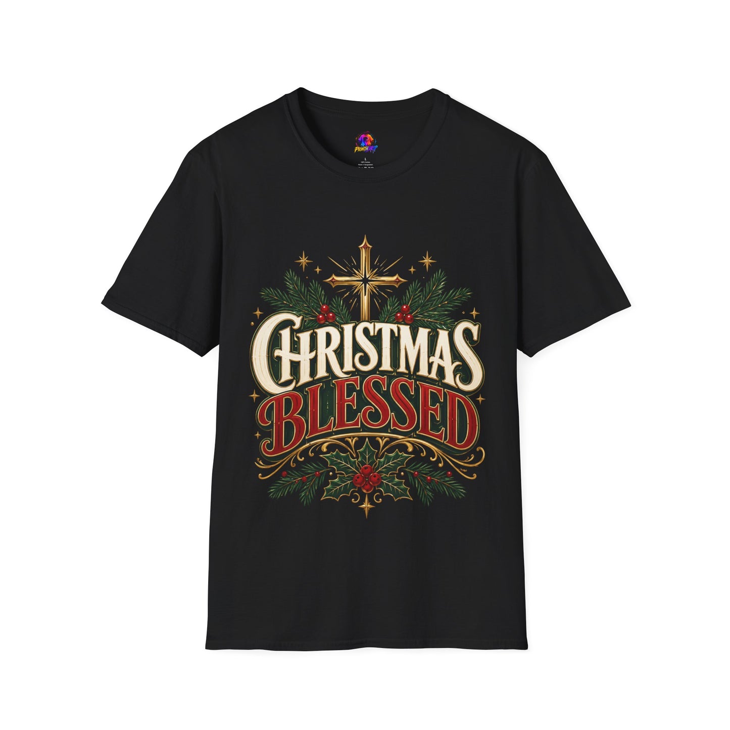 Christmas Blessed T-Shirt — Faith-Based Holiday Tee with Cross & Pine Design