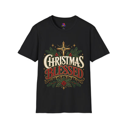 Christmas Blessed T-Shirt — Faith-Based Holiday Tee with Cross & Pine Design