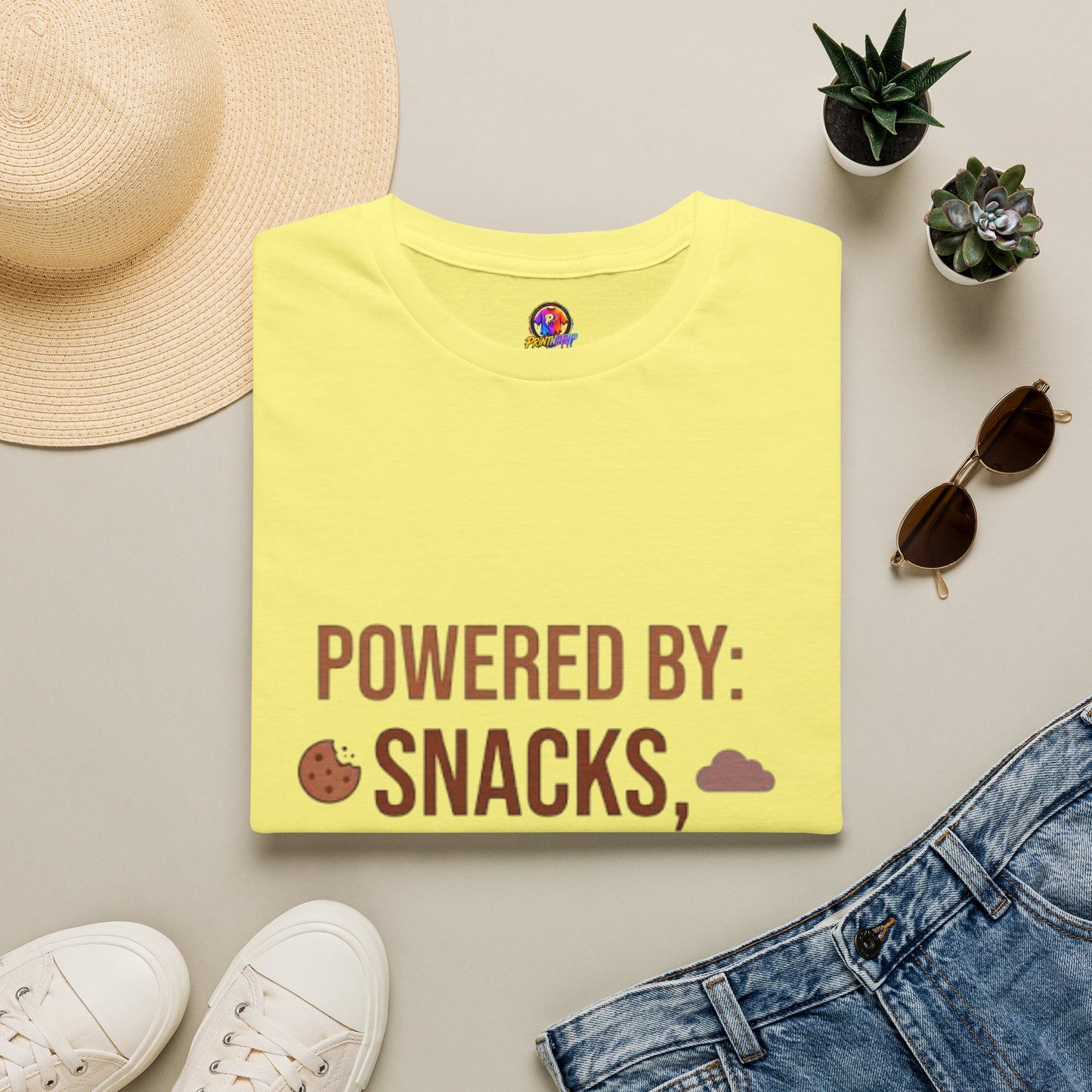 Powered By: Snacks, Naps & Stubbornness T-Shirt — Funny Casual Graphic Tee