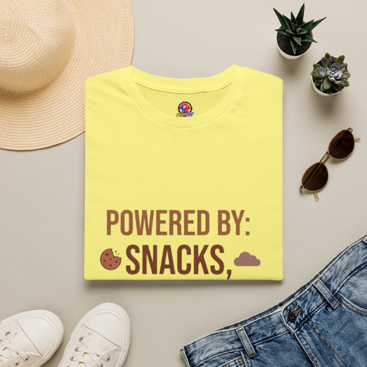 Powered By: Snacks, Naps & Stubbornness T-Shirt — Funny Casual Graphic Tee