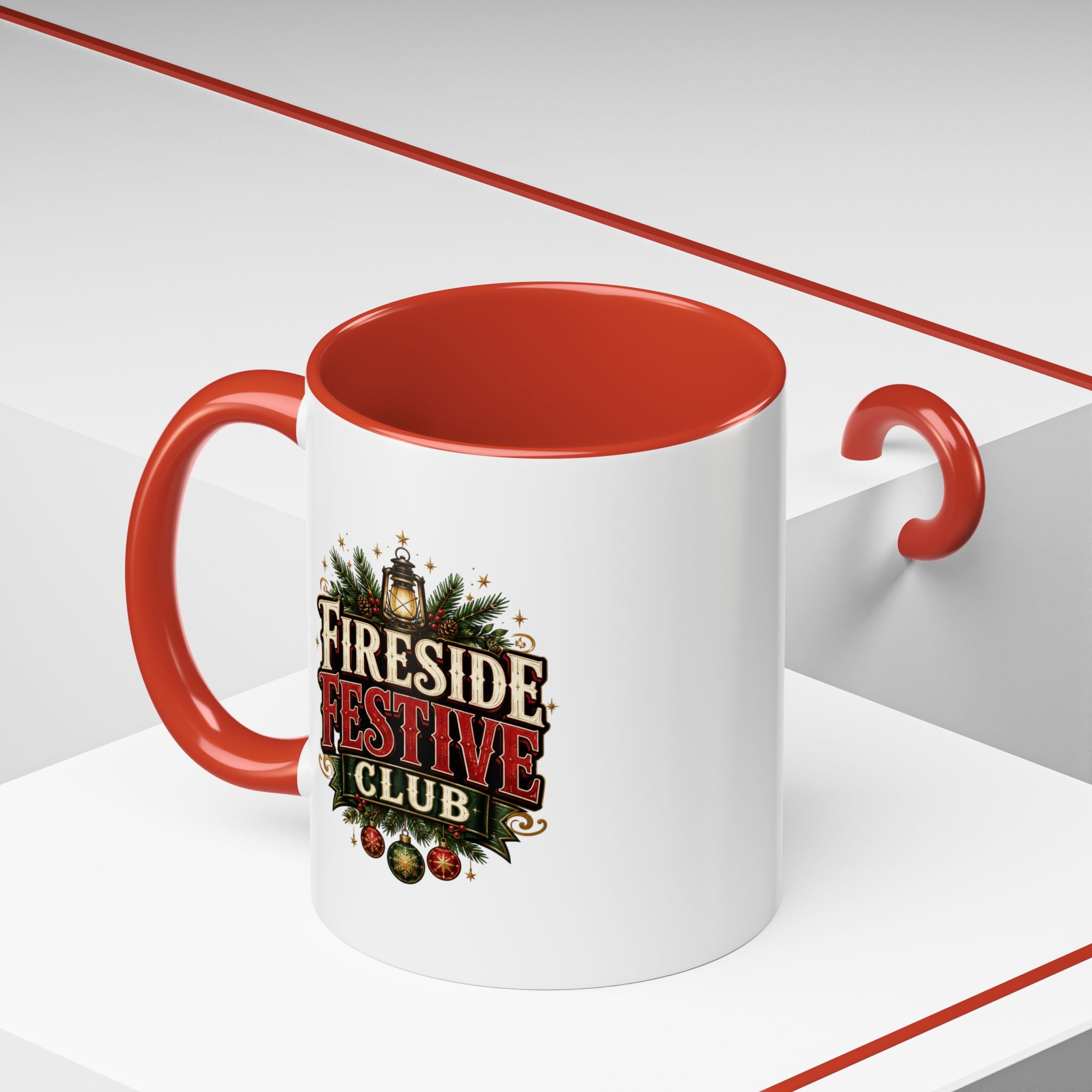 Fireside Festive Club Accent Coffee Mug — Holiday Christmas Hot Cocoa Gift