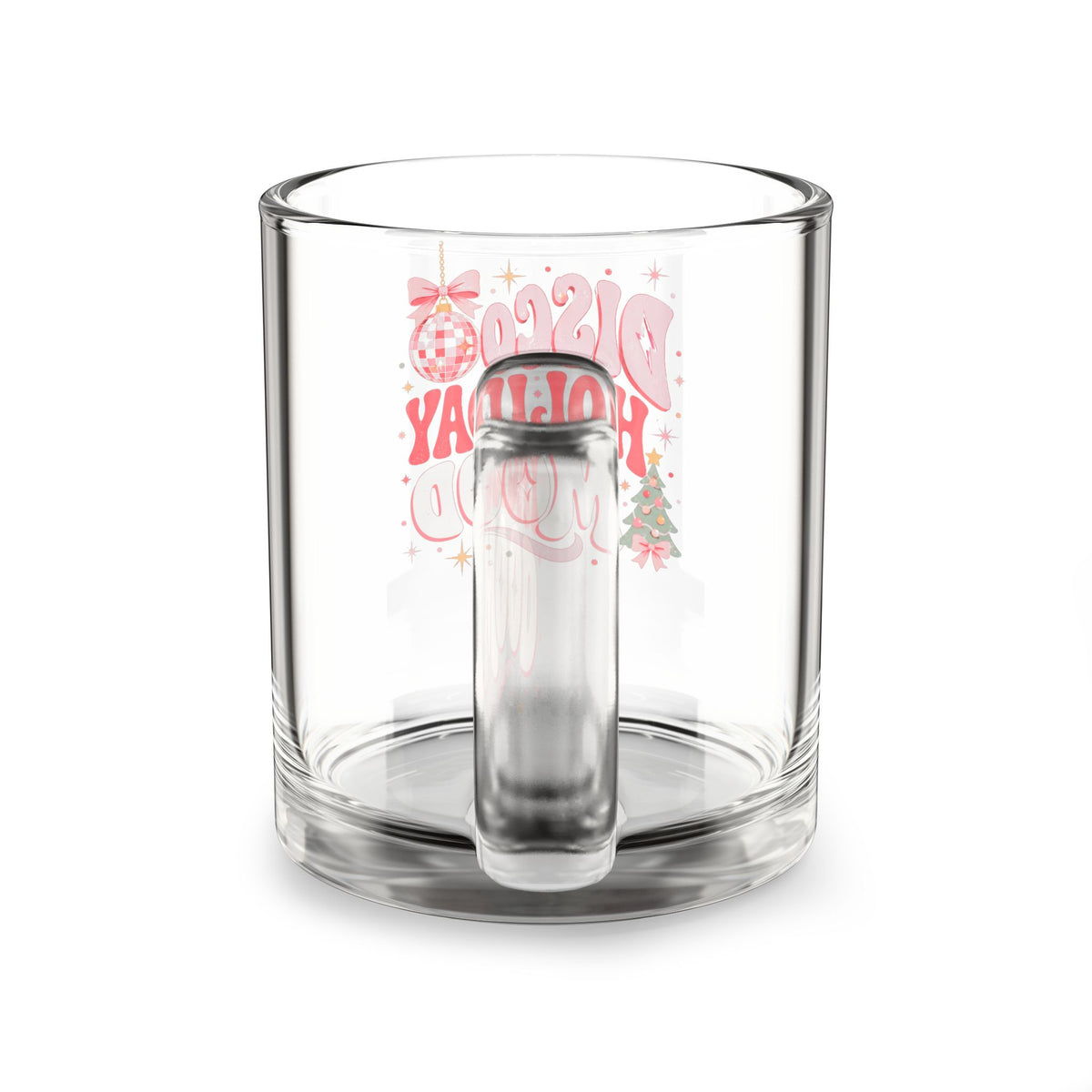 Modern Day Christmas Glass Mug  10oz Glass Mug — “Disco Holiday” Festive Pink Disco Ball Christmas Coffee Cup