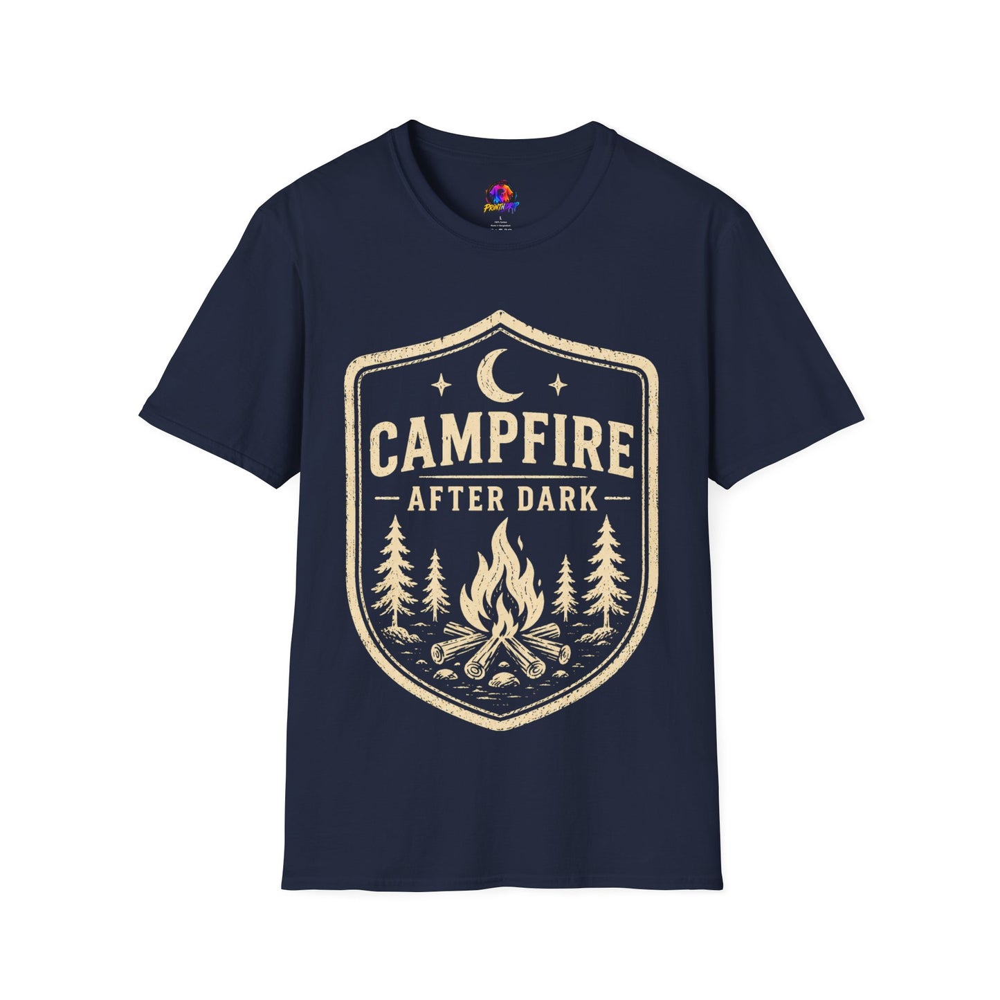 Campfire After Dark T-Shirt — Retro Camping Badge Tee for Outdoor Lovers