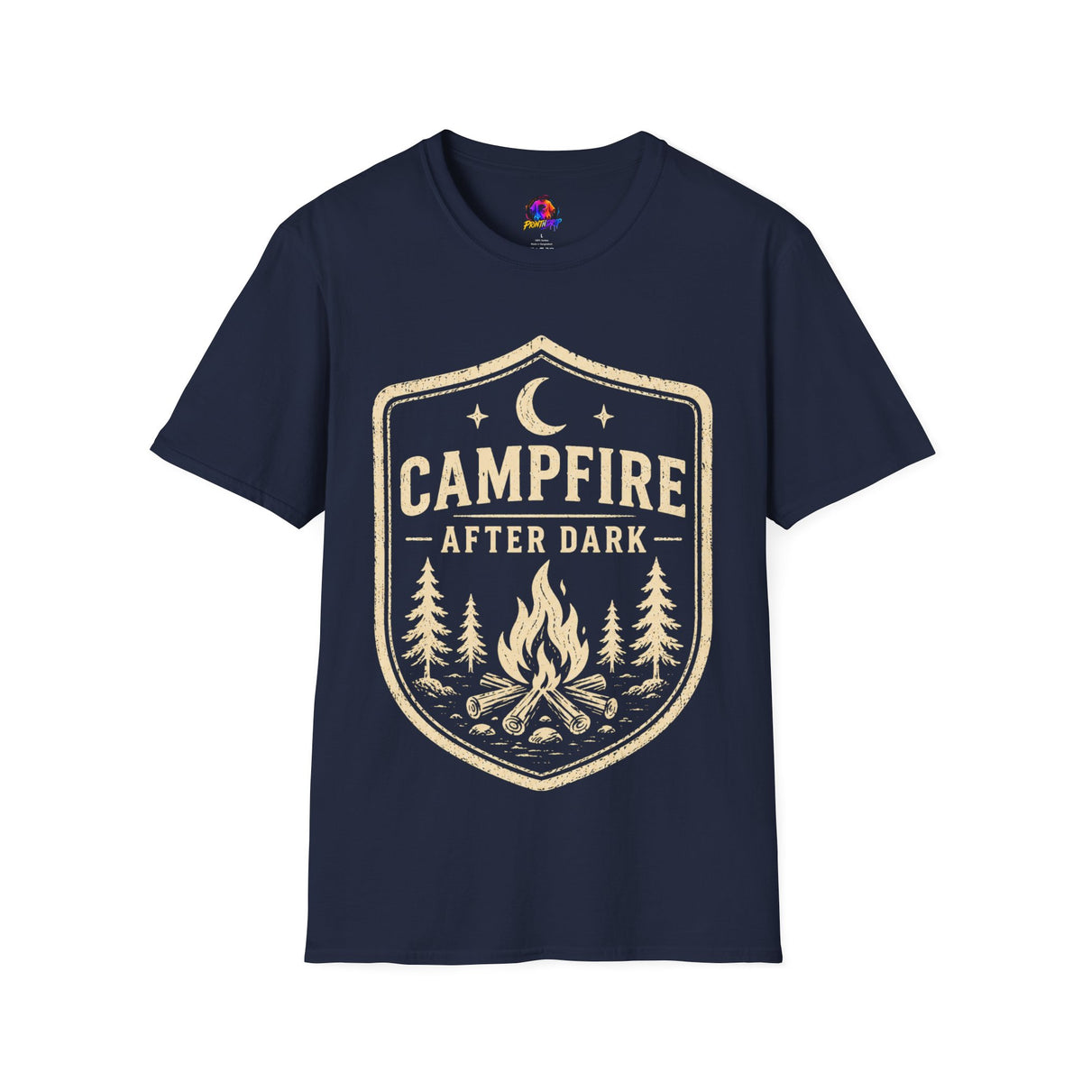 Campfire After Dark T-Shirt — Retro Camping Badge Tee for Outdoor Lovers