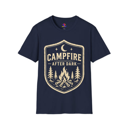 Campfire After Dark T-Shirt — Retro Camping Badge Tee for Outdoor Lovers