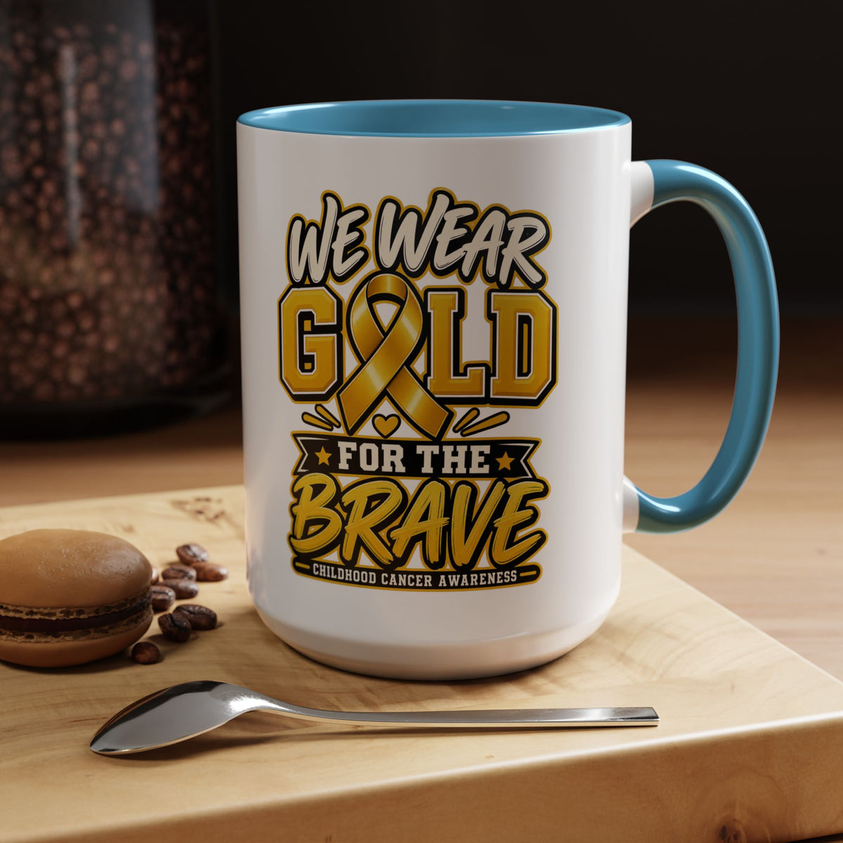 Childhood Cancer Awareness Accent Coffee Mug – "We Wear Gold for the Brave" (11/15 oz)