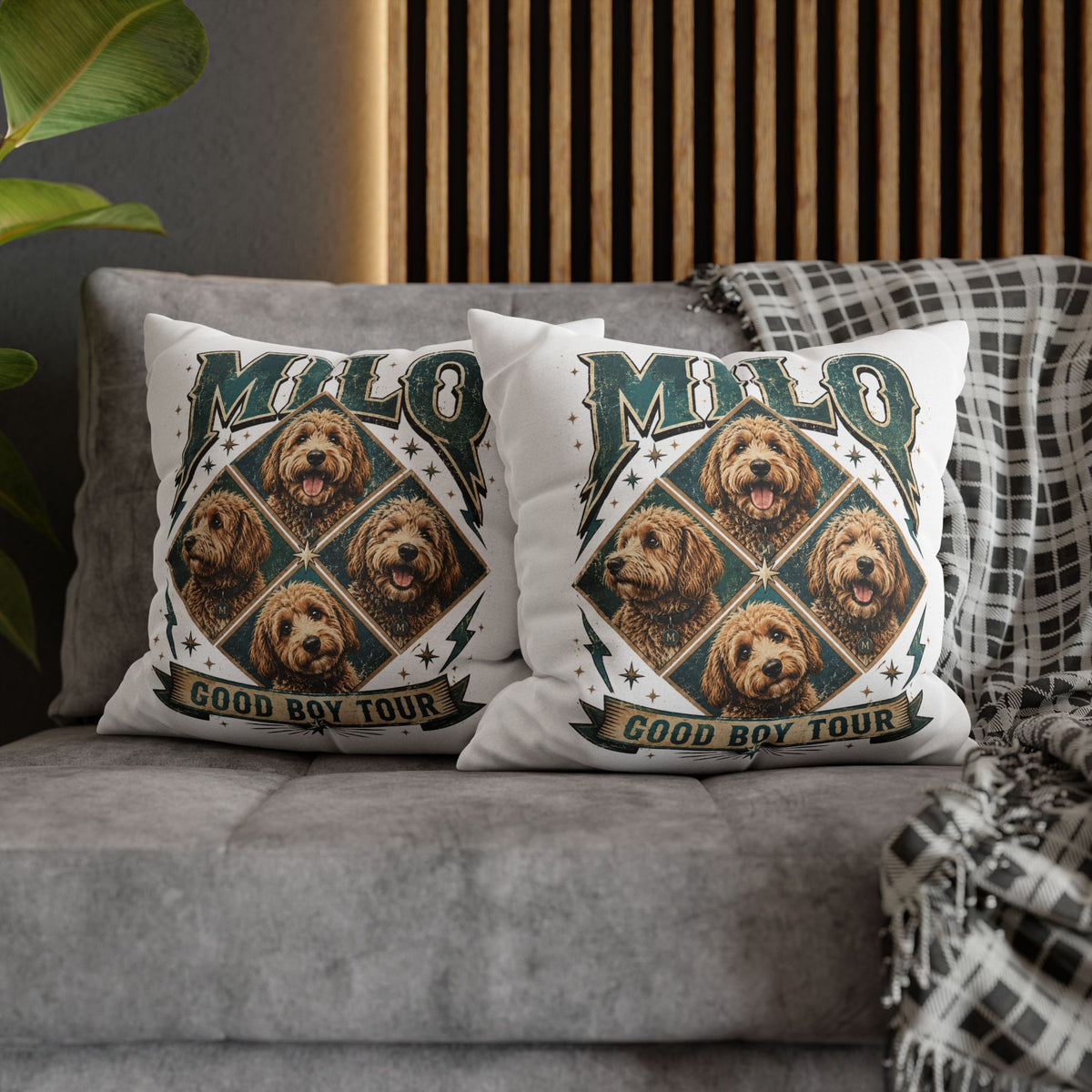 Milo “Good Boy Tour” Dog Photo Square Pillowcase Milo Bailey Dog Dad Mom