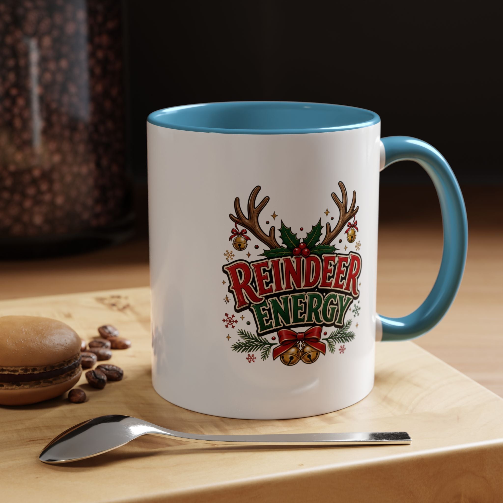Reindeer Energy Coffee Mug – Holiday Christmas Antlers & Bells Accent Mug