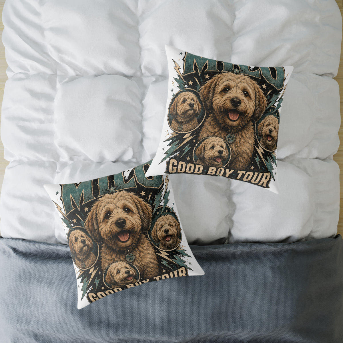 Milo Golden Doodle Band Tour Square Pillow  Milo Bailey Dog Dad Mom— Retro Dog Portrait Decorative Throw