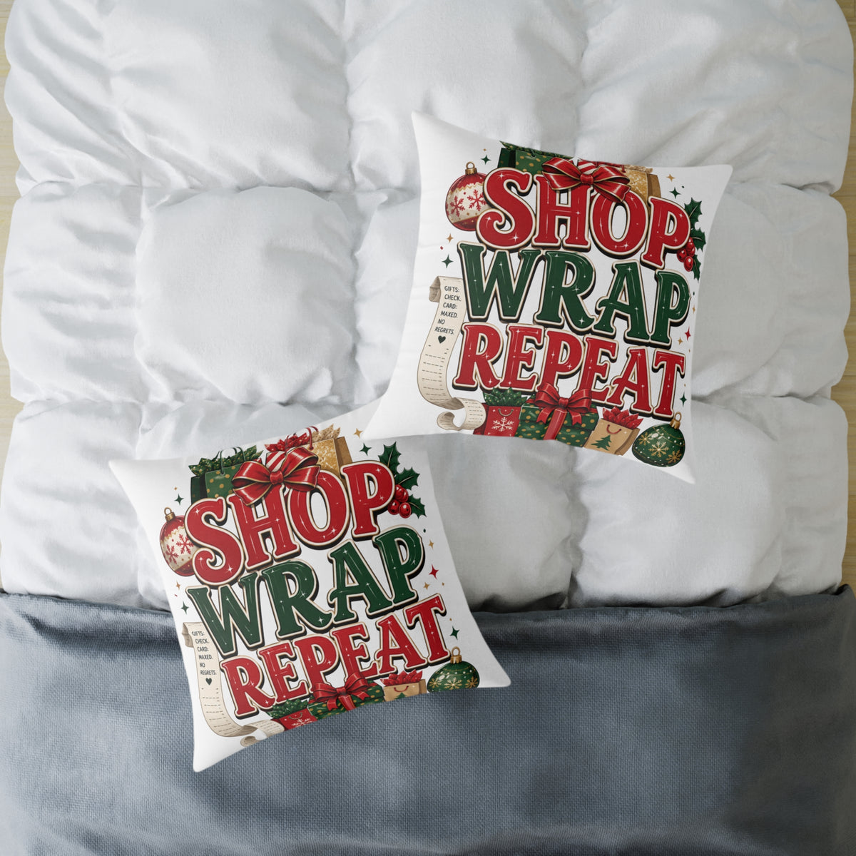 Christmas Square Pillow - 'Shop Wrap Repeat' Christmas Holiday Decorative Throw Pillow
