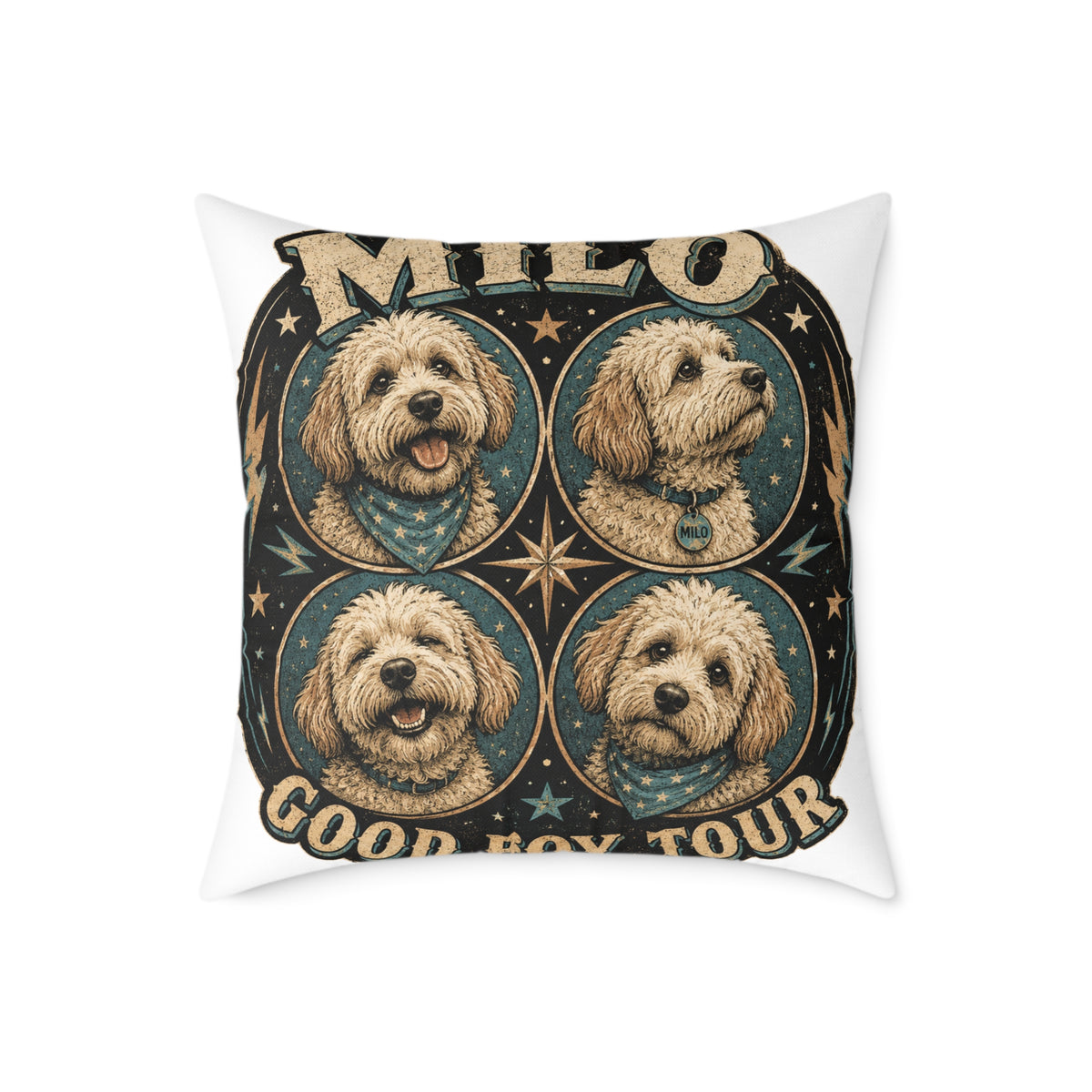 Personalized Dog Pillow  Milo Bailey Dog Dad Mom— 'Milo' Retro Pet Portrait Cushion (Good Boy Tour Design)
