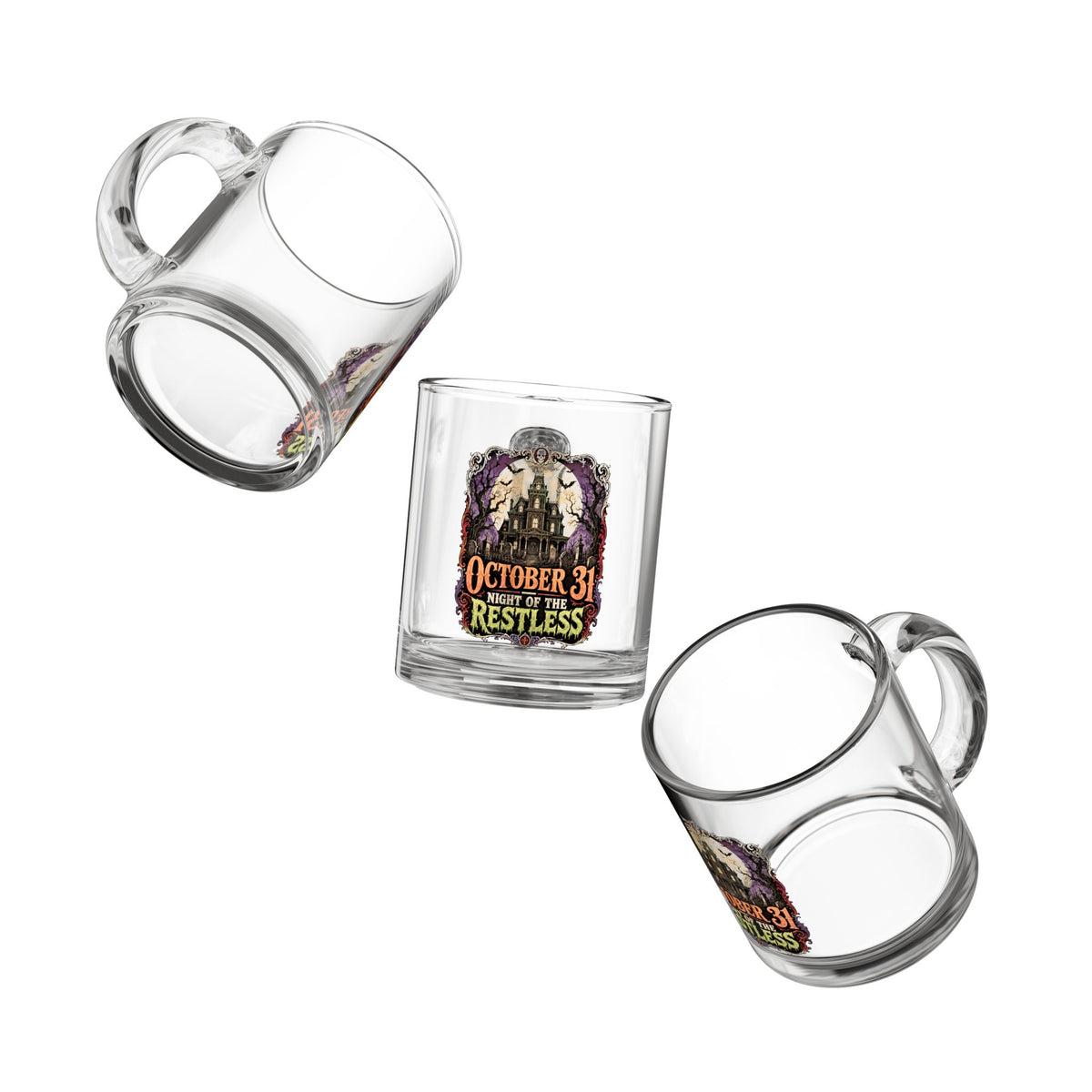 Halloween Glass Mug 10 oz  Glass Mug — "October 31 Night of the Restless" Haunted House Halloween Coffee Cup