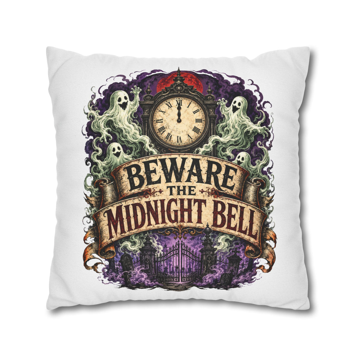 Halloween Beware the Midnight Bell Pillowcase — Haunted Clock & Ghosts Decorative Throw Pillow
