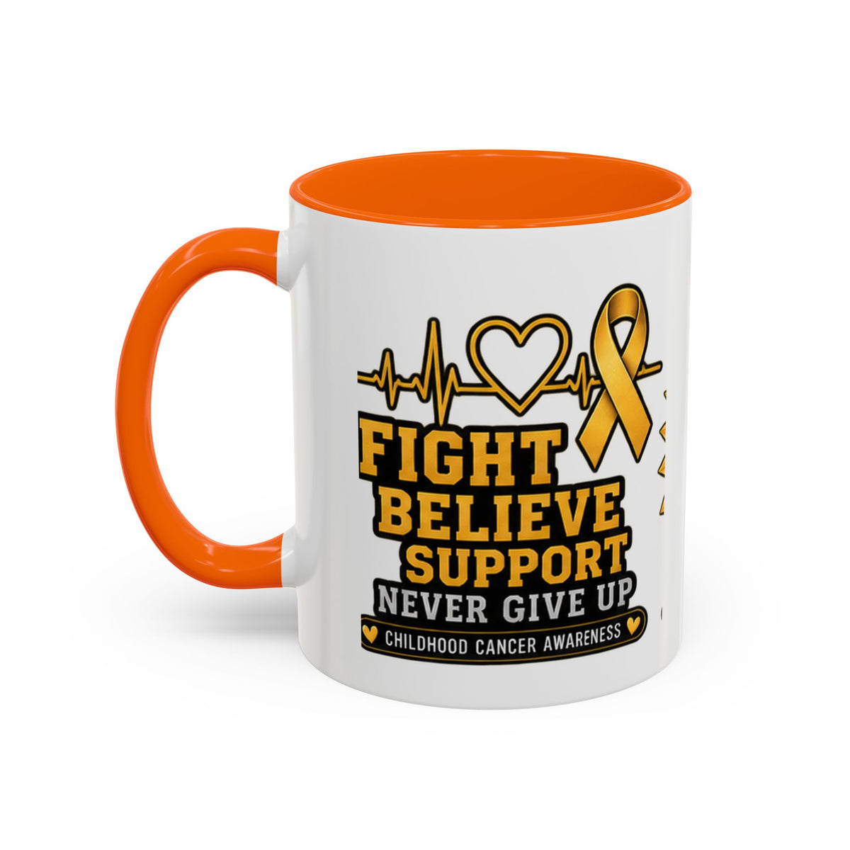 Childhood Cancer Awareness Accent Coffee Mug — "Fight Believe Support" 11/15oz