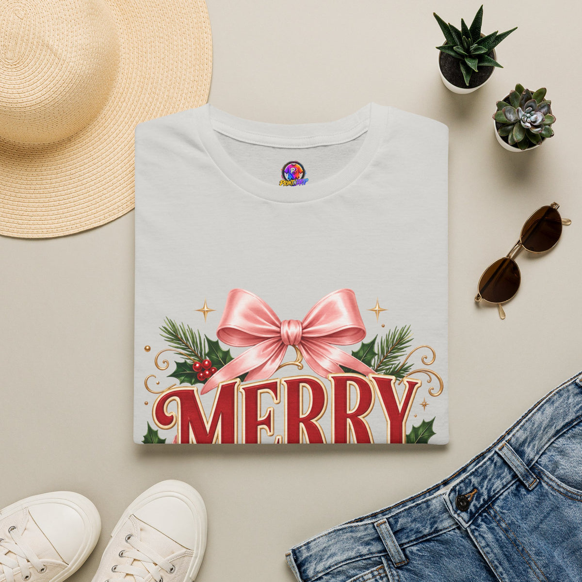 Merry Mama Christmas T-Shirt — Festive Bow & Holiday Greenery Tee