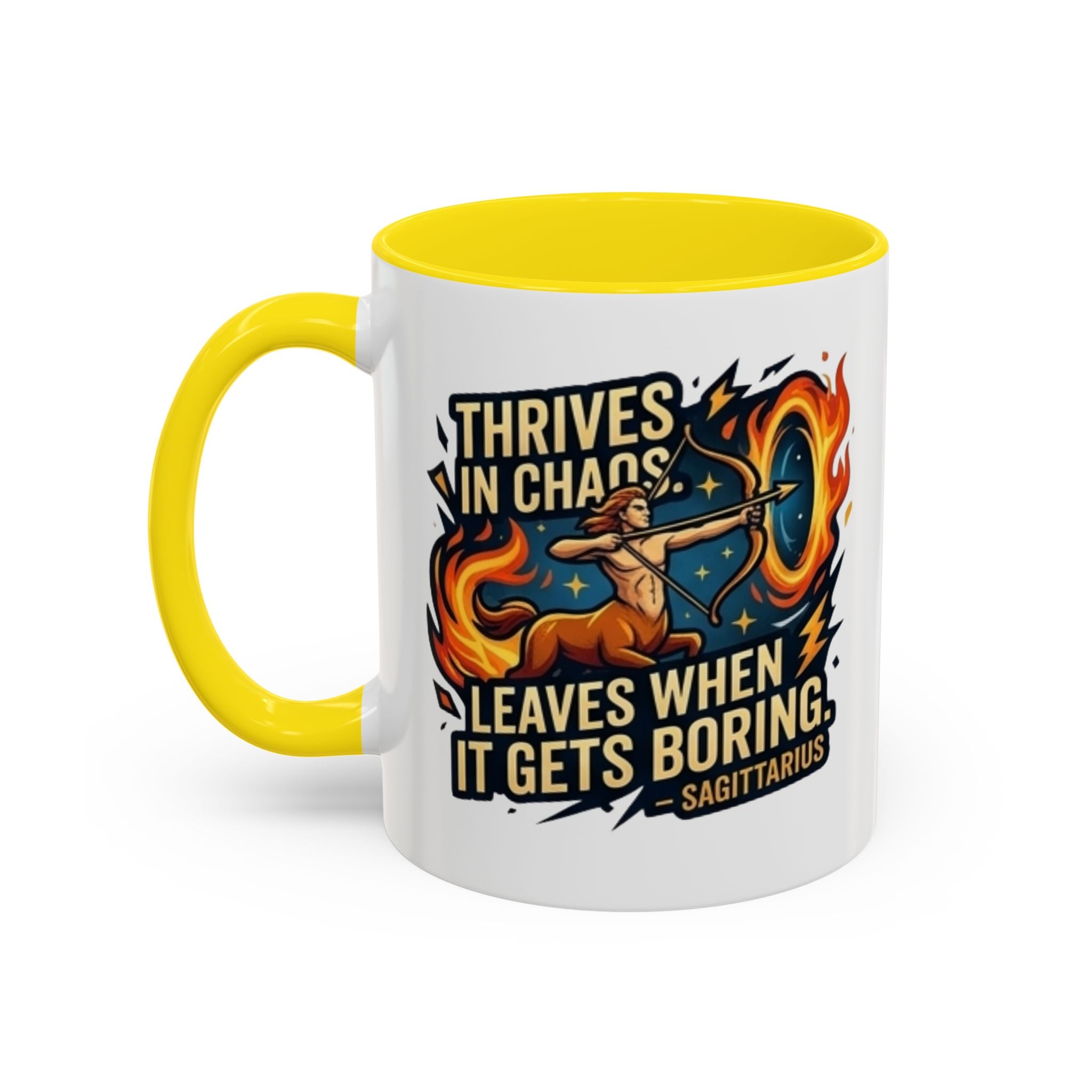 Sagittarius Coffee Mug – "Thrives in Chaos, Leaves When It Gets Boring" Accent Mug