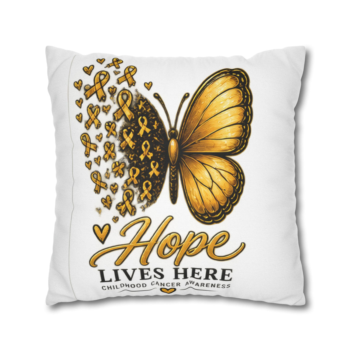 Childhood Cancer Awareness Pillow – "Hope Lives Here" Gold Ribbon Butterfly Square Pillowcase