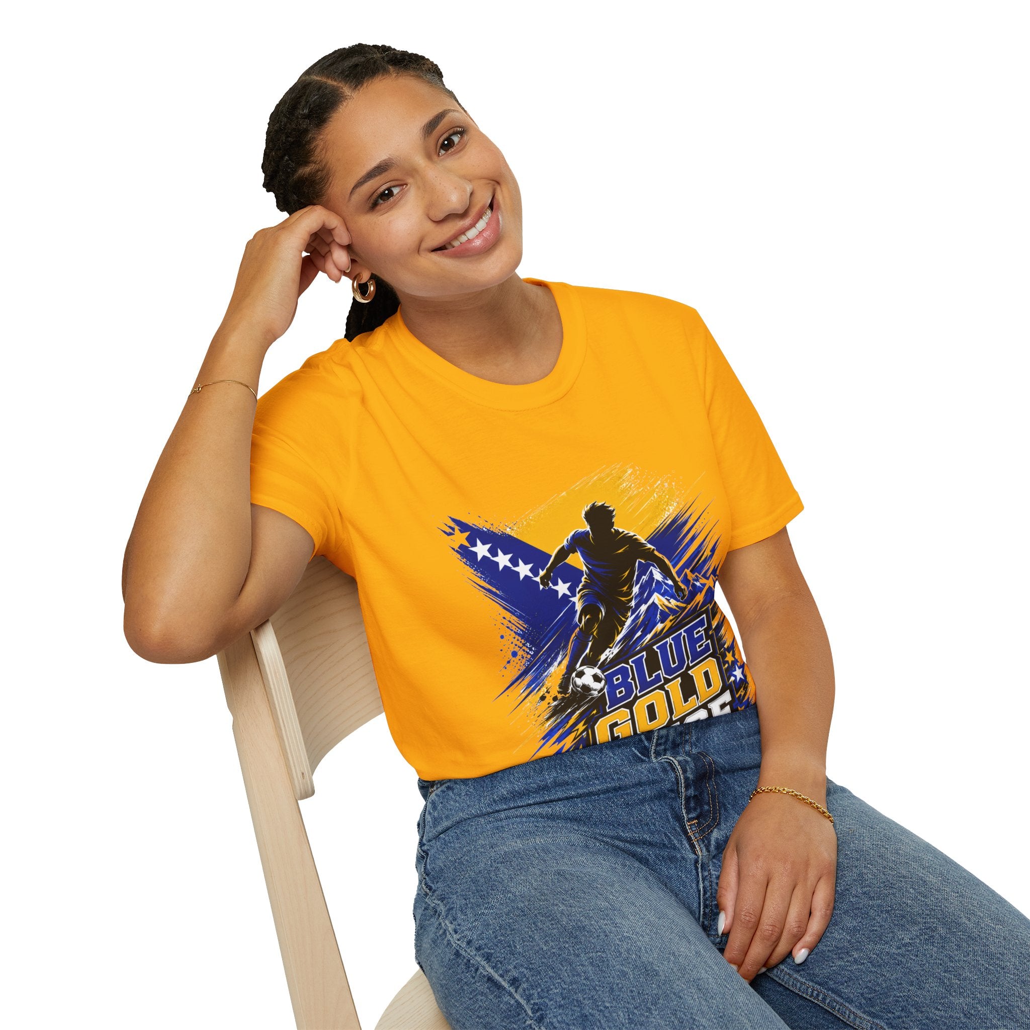 Bosnia Football T‑Shirt - "Blue Gold Rise" Soccer Graphic Tee