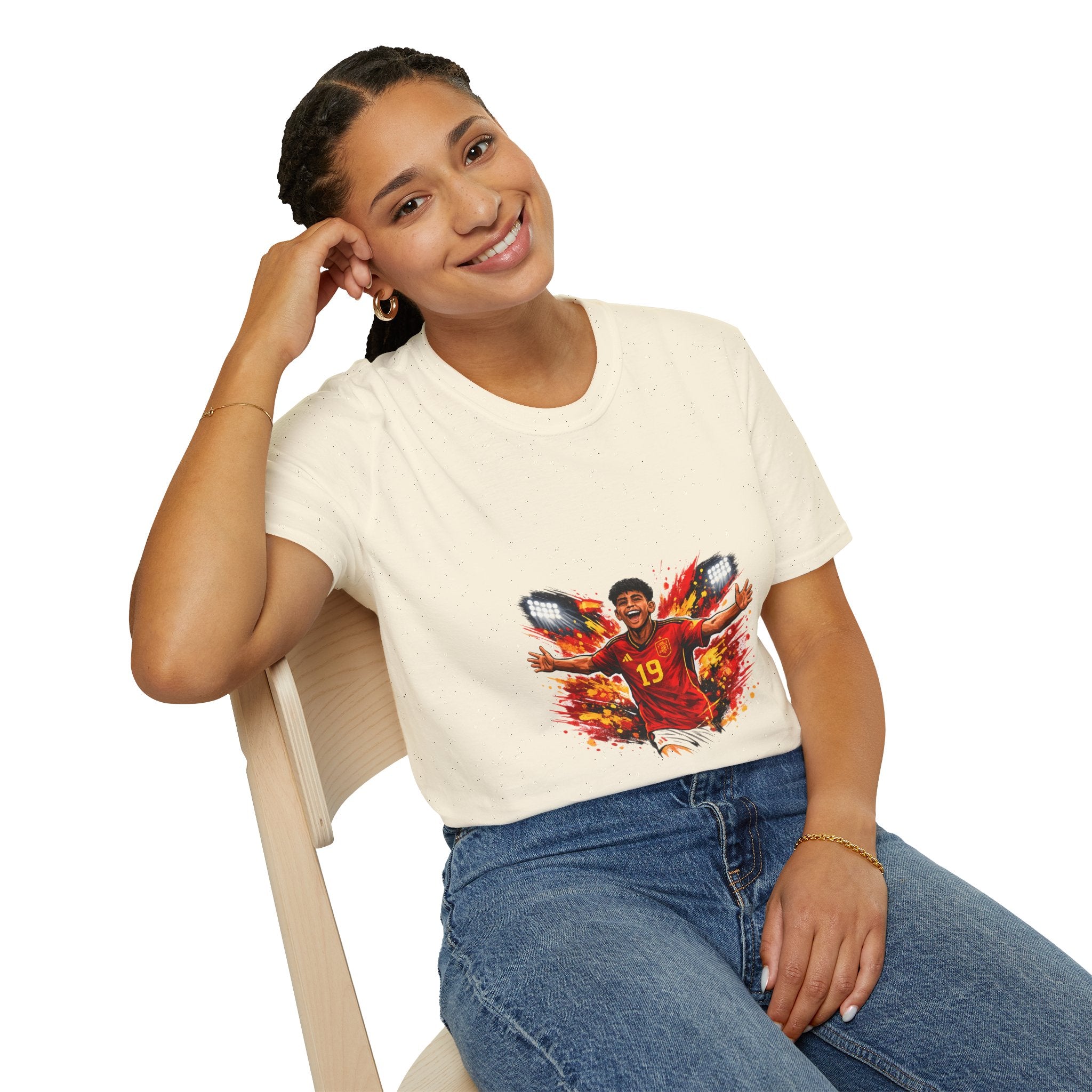 Spain Soccer Fan Portrait T‑Shirt – Fiery Goal Celebration Design