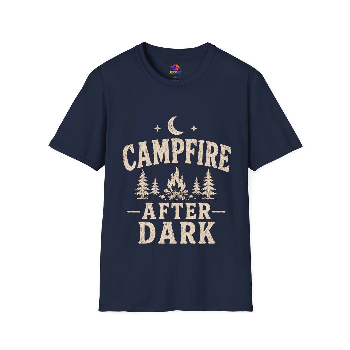Campfire After Dark T-Shirt — Cozy Camping Moon & Trees Graphic