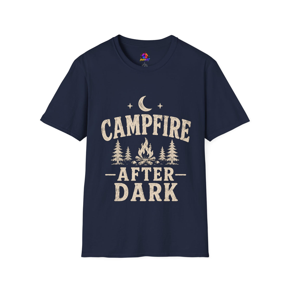 Campfire After Dark T-Shirt — Cozy Camping Moon & Trees Graphic