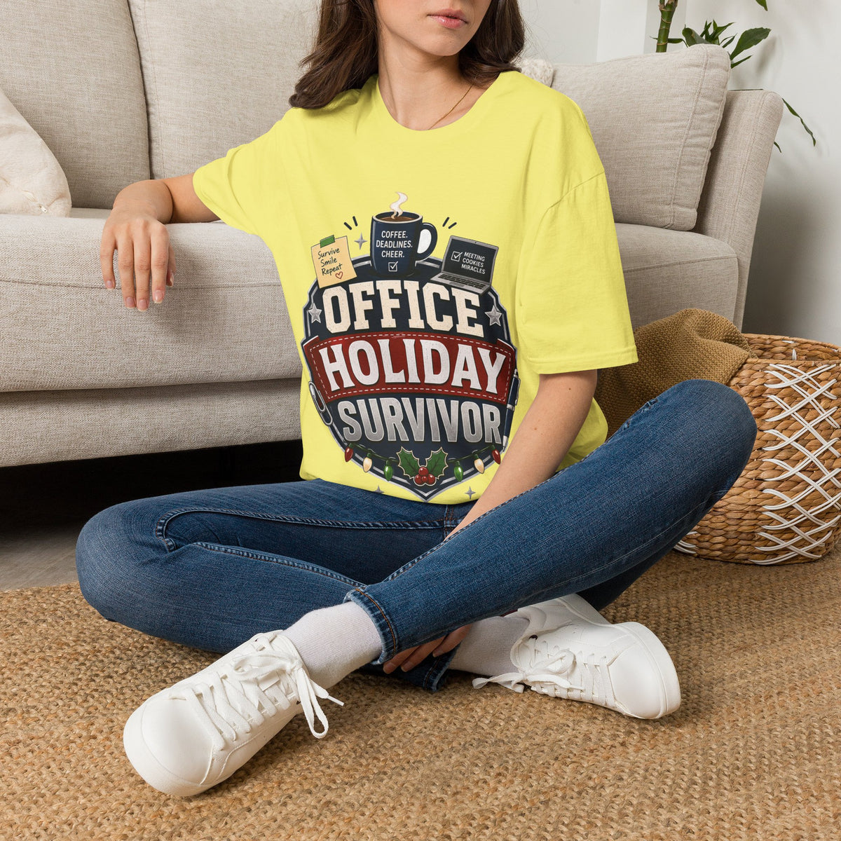 Office Holiday Survivor T-Shirt — Coffee, Deadlines & Cheer Work Shirt