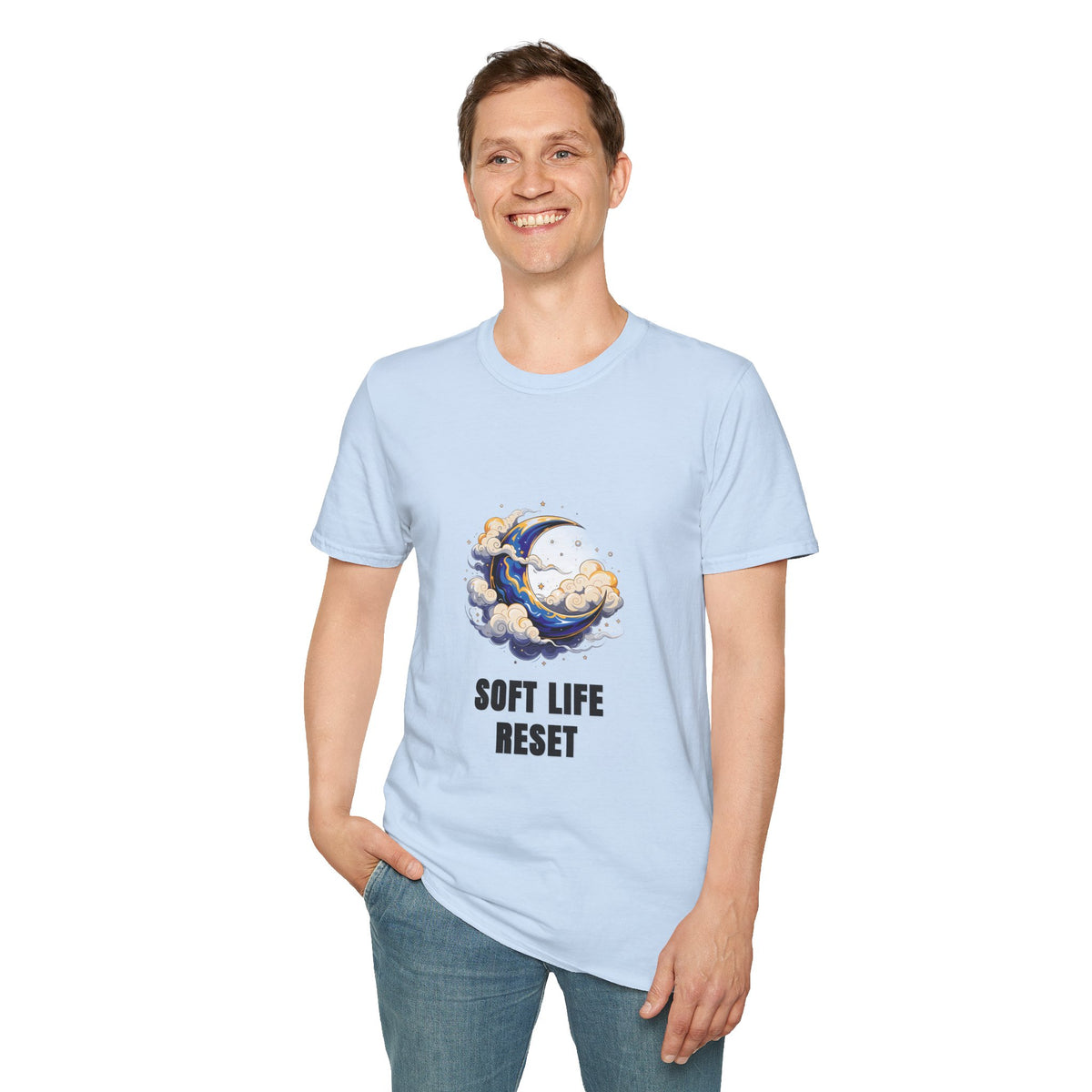 Soft Life Reset T-Shirt — Crescent Moon Cloud Graphic Tee - Trending Now - August 2026