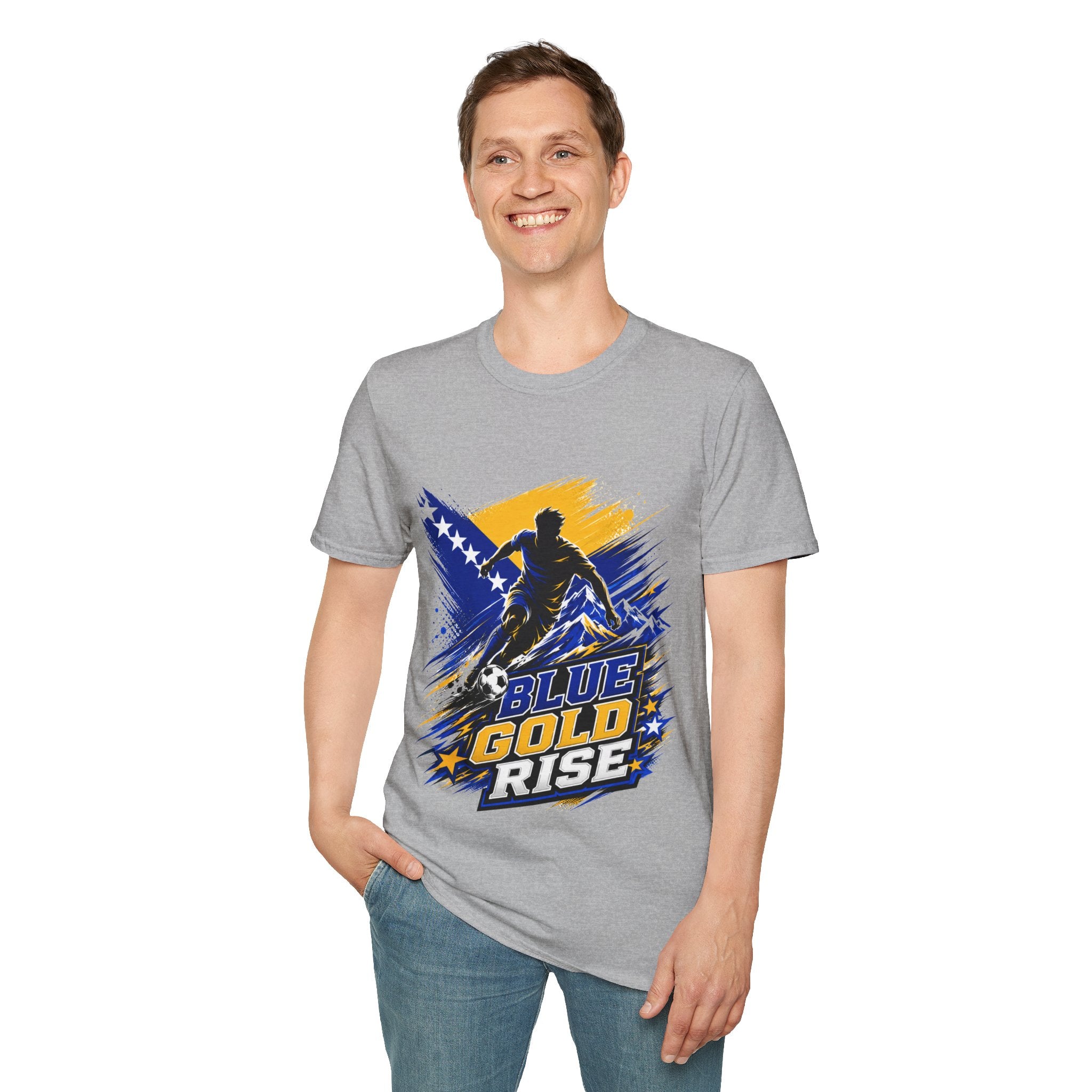 Bosnia Football T‑Shirt - "Blue Gold Rise" Soccer Graphic Tee
