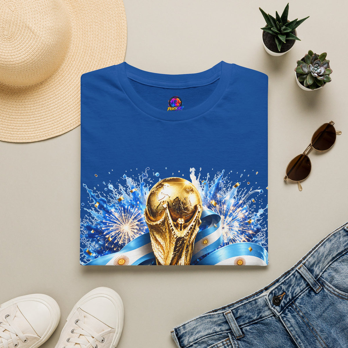 Argentina World Cup Champions T-Shirt — Gold Trophy Celebration Tee