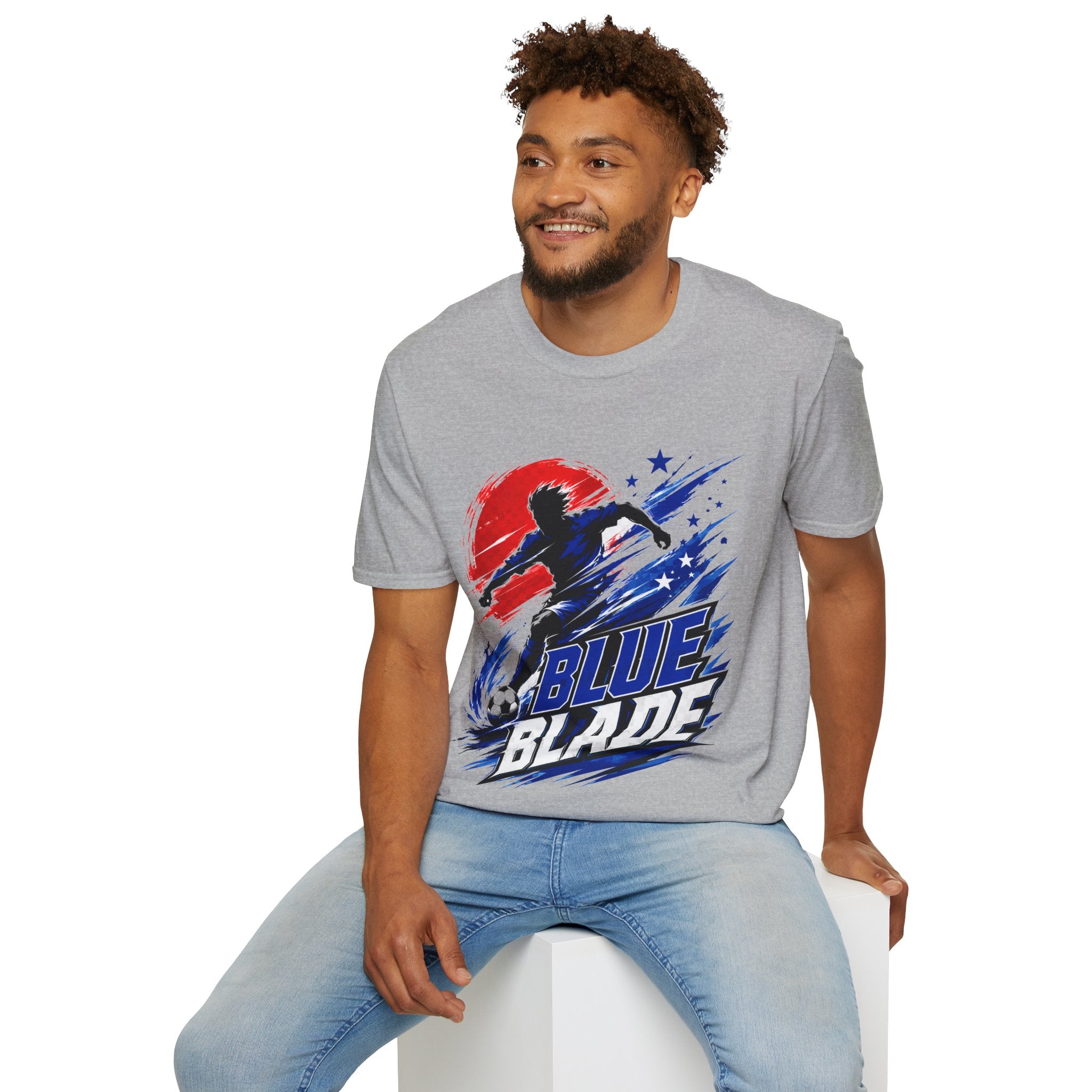 Japan T-Shirt — Blue Blade Soccer Graphic Tee (Red & Blue Starburst)
