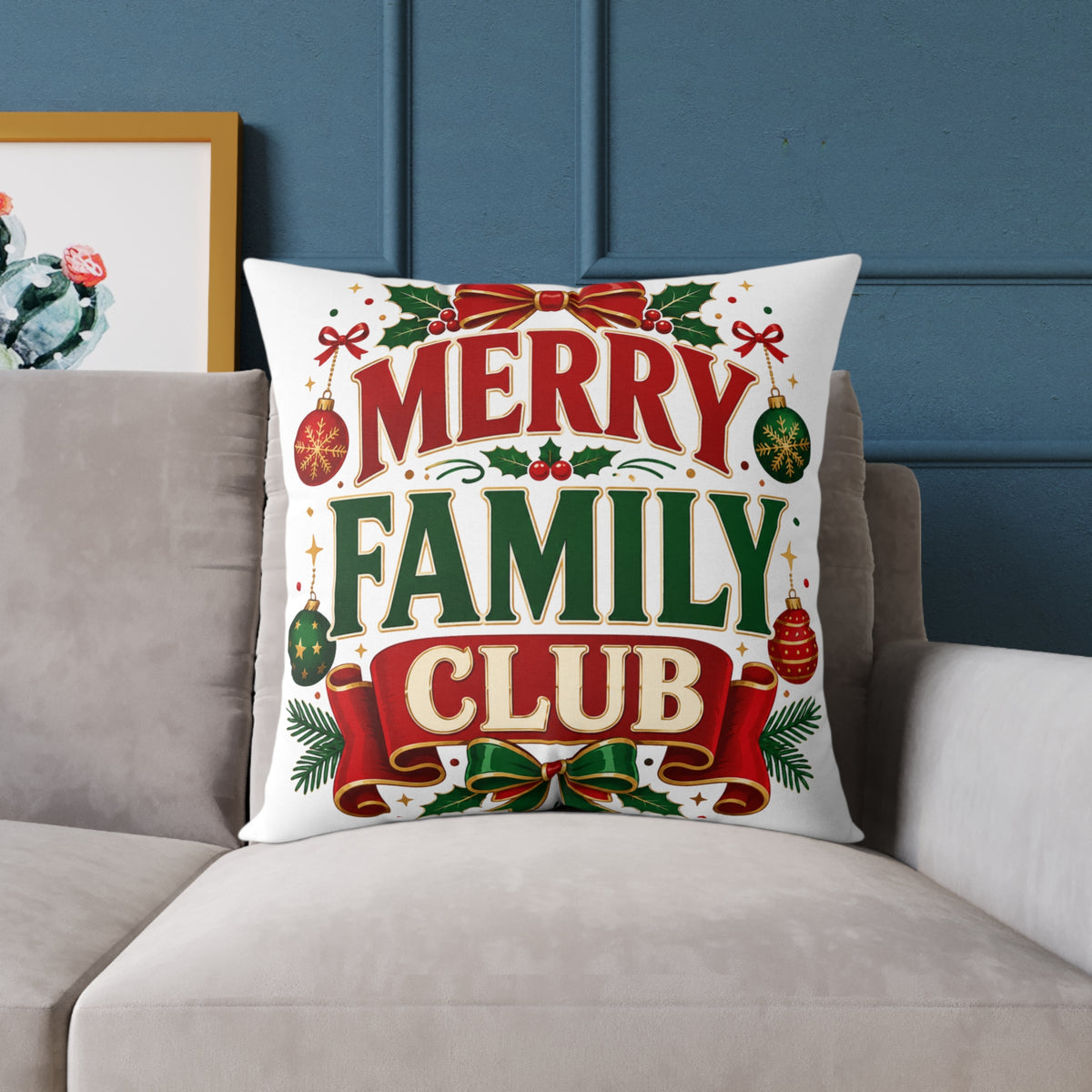 Merry Family Club Christmas Pillow - Holiday Decorative Throw Pillow