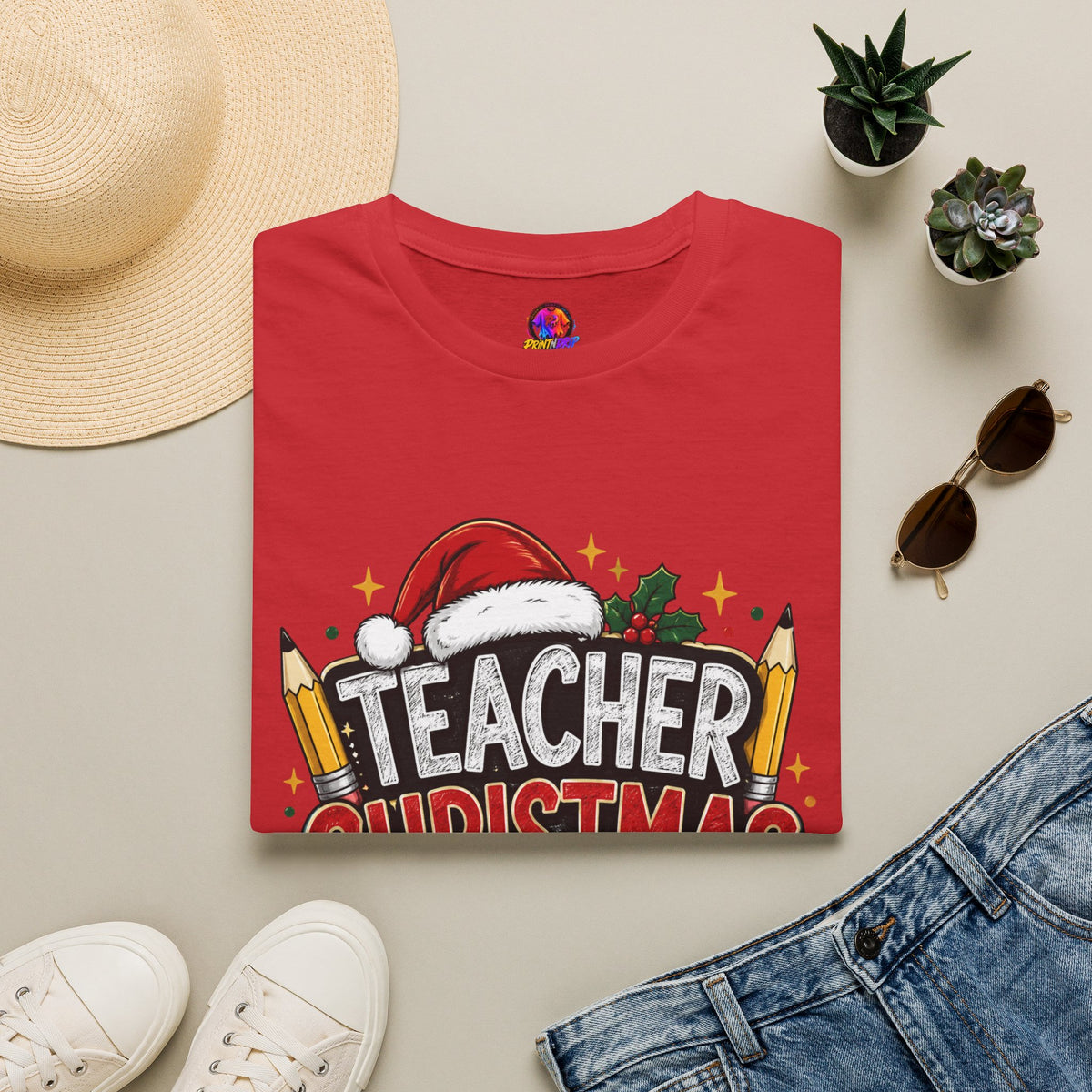Teacher Christmas Crew T-Shirt — Holiday School Staff Tee with Santa Hat & Pencils