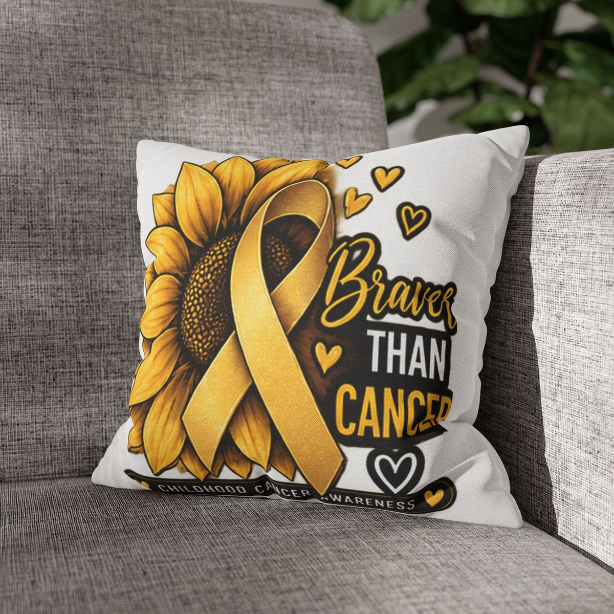 Childhood Cancer Brave Than Cancer Sunflower Ribbon Square Pillowcase