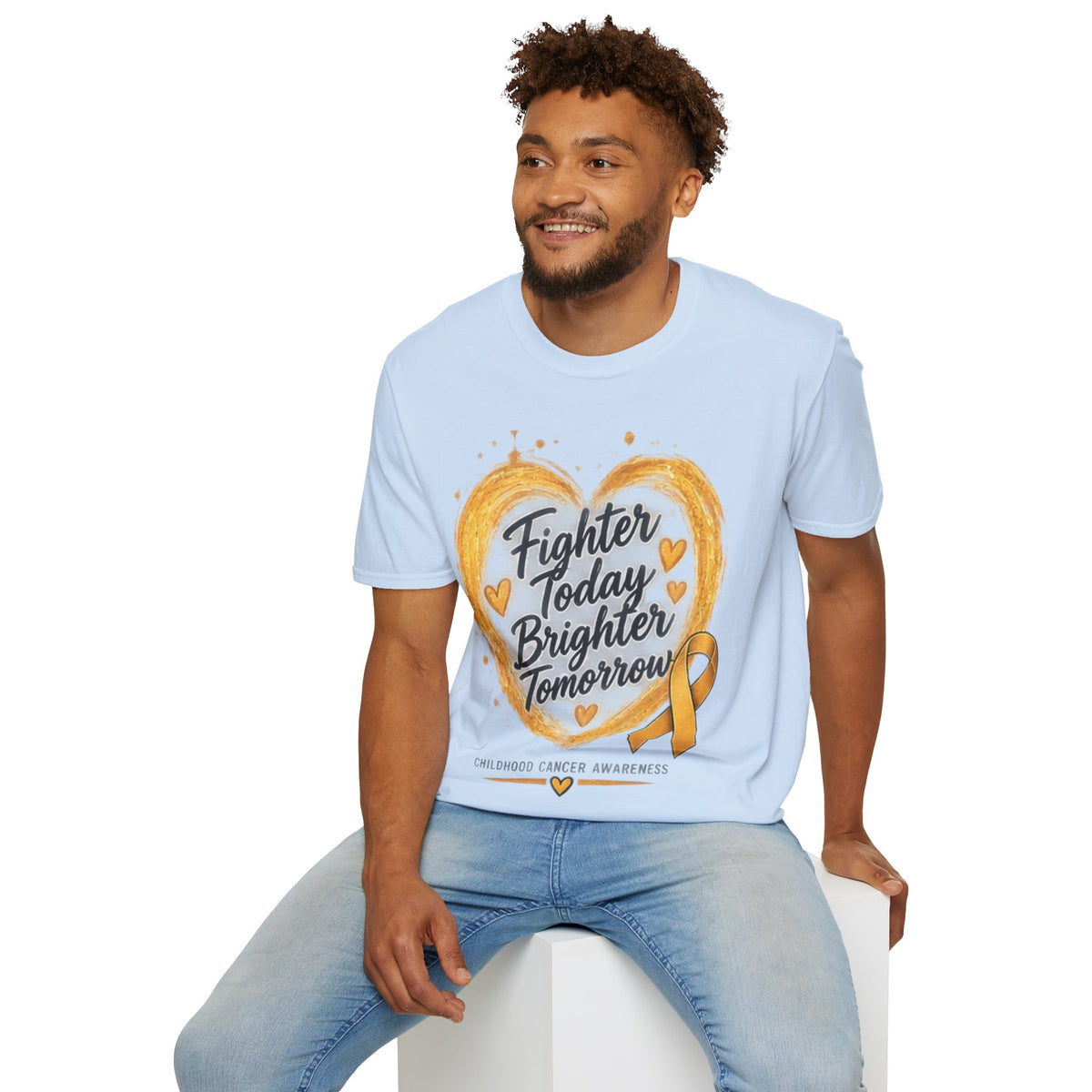 Childhood Cancer Awareness T-Shirt — "Fighter Today Brighter Tomorrow" Gold Ribbon