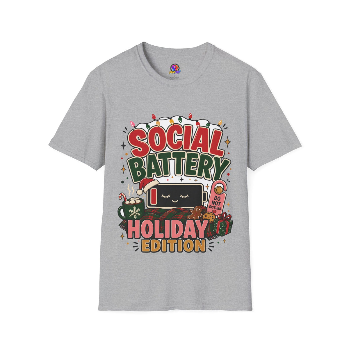 Social Battery Holiday T‑Shirt — Funny Christmas Recharge Graphic Tee