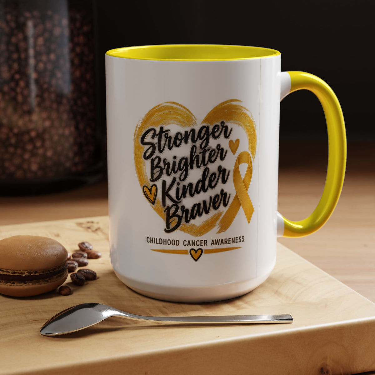 Childhood Cancer Awareness Accent Coffee Mug — "Stronger Brighter Kinder Braver"