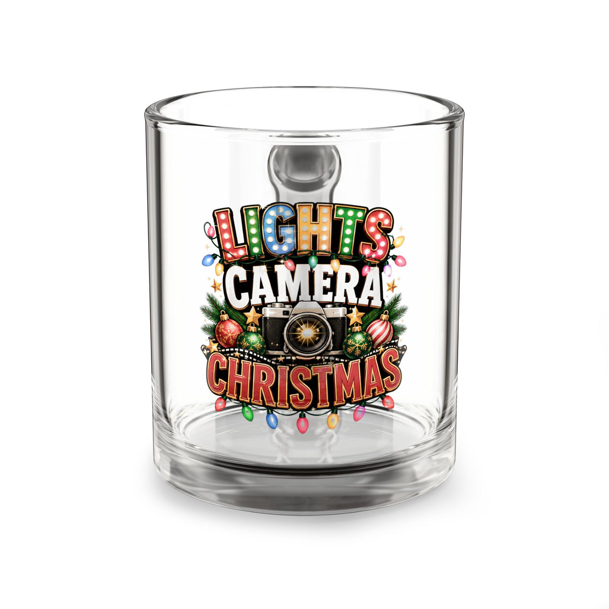 Christmas Glass Mug 10 ozGlass Mug — "Lights Camera Christmas" Holiday Film Lover Coffee Mug