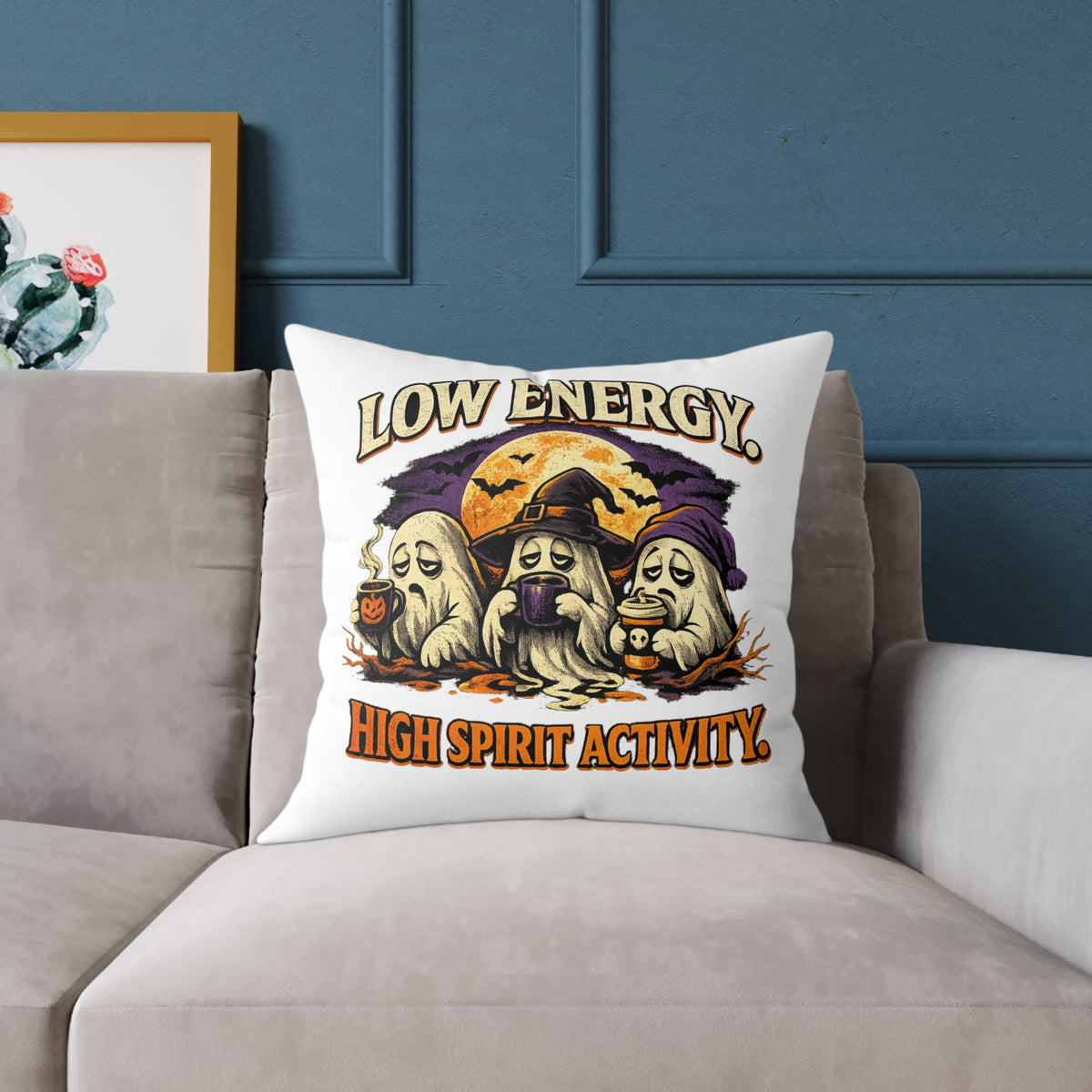 Halloween Pillow - "Low Energy, High Spirit Activity" Ghost & Witch Throw Pillow