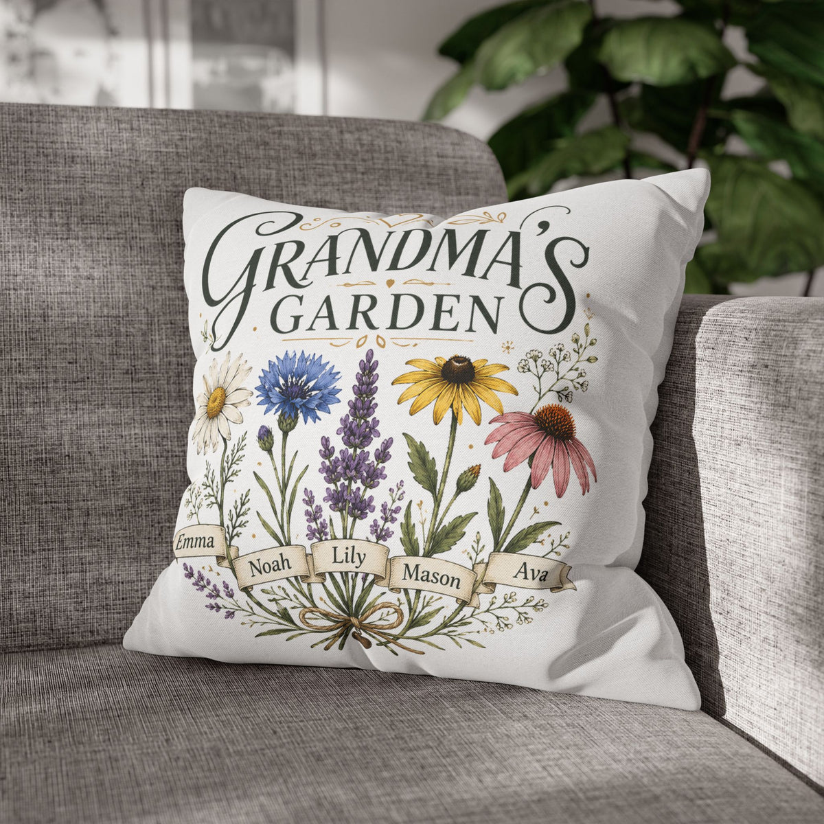 Grandma’s Garden Floral Pillowcase Milo Bailey Dog Dad Mom — Personalized Names Decorative Throw Pillow