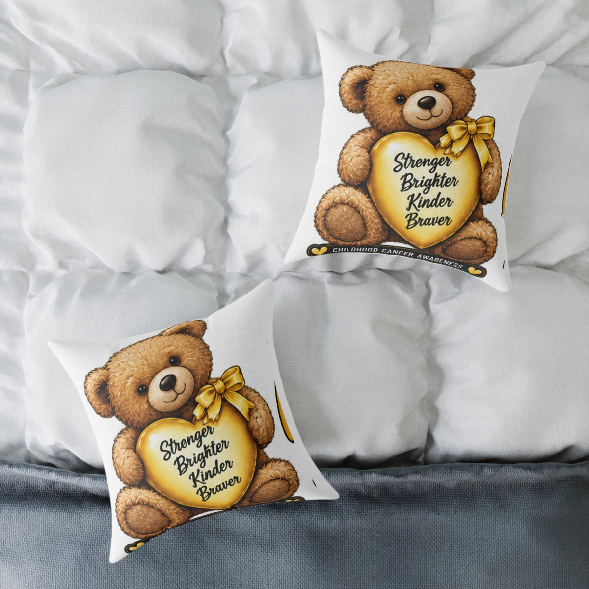 Childhood Cancer Teddy Bear Heart Pillow — "Stronger Brighter Kinder Braver" Decorative Throw Pillow