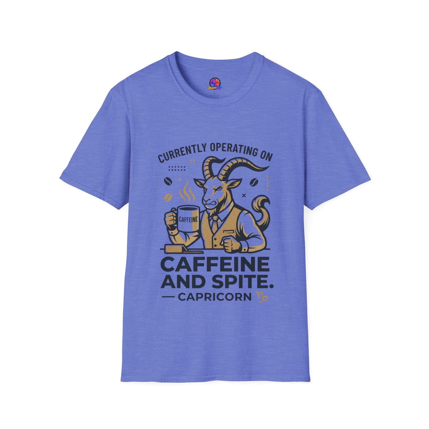 Capricorn T-Shirt — "Currently Operating on Caffeine and Spite" Zodiac Goat Tee