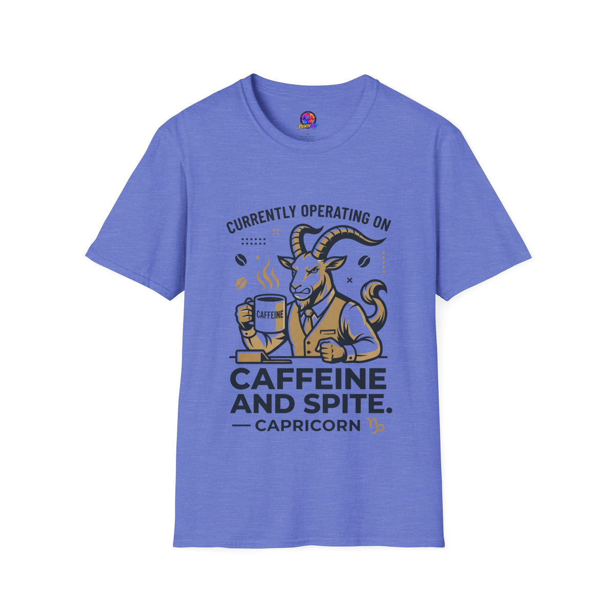 Capricorn T-Shirt — "Currently Operating on Caffeine and Spite" Zodiac Goat Tee