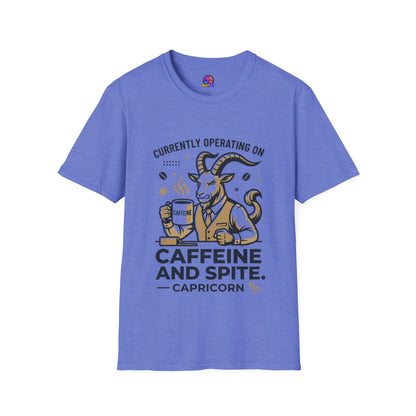 Capricorn T-Shirt — "Currently Operating on Caffeine and Spite" Zodiac Goat Tee