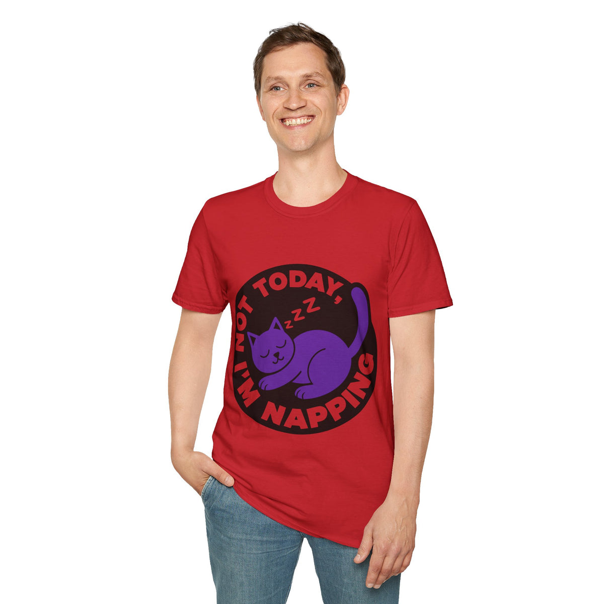 Not Today I'm Napping Purple Cat Tee - Funny Sleeping Kitten Badge Graphic T-Shirt - Trending Now - September 2026