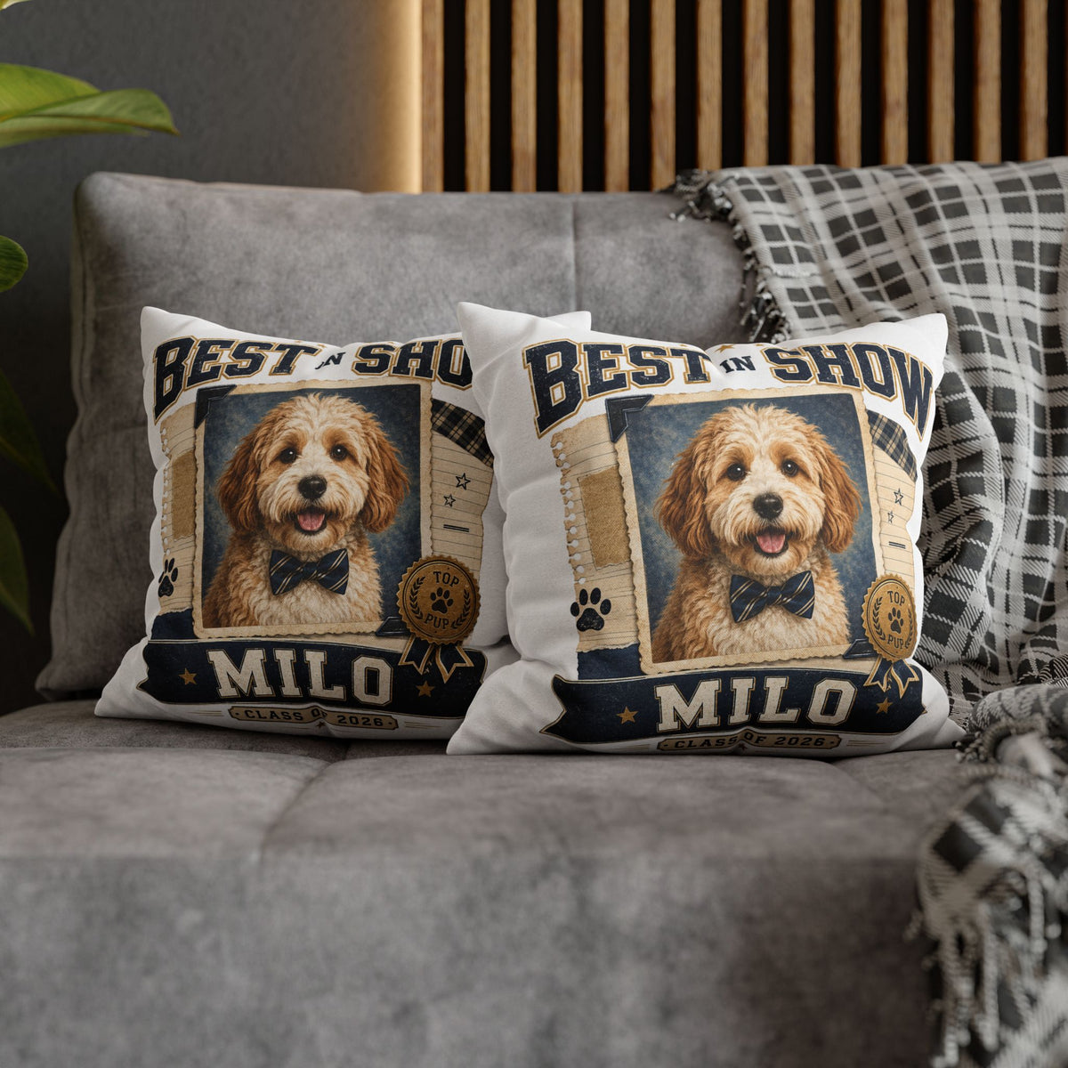 Best in Show Personalized Dog Pillowcase — 'Milo' Pet Portrait Throw Pillowcase Milo Bailey Dog Dad Mom