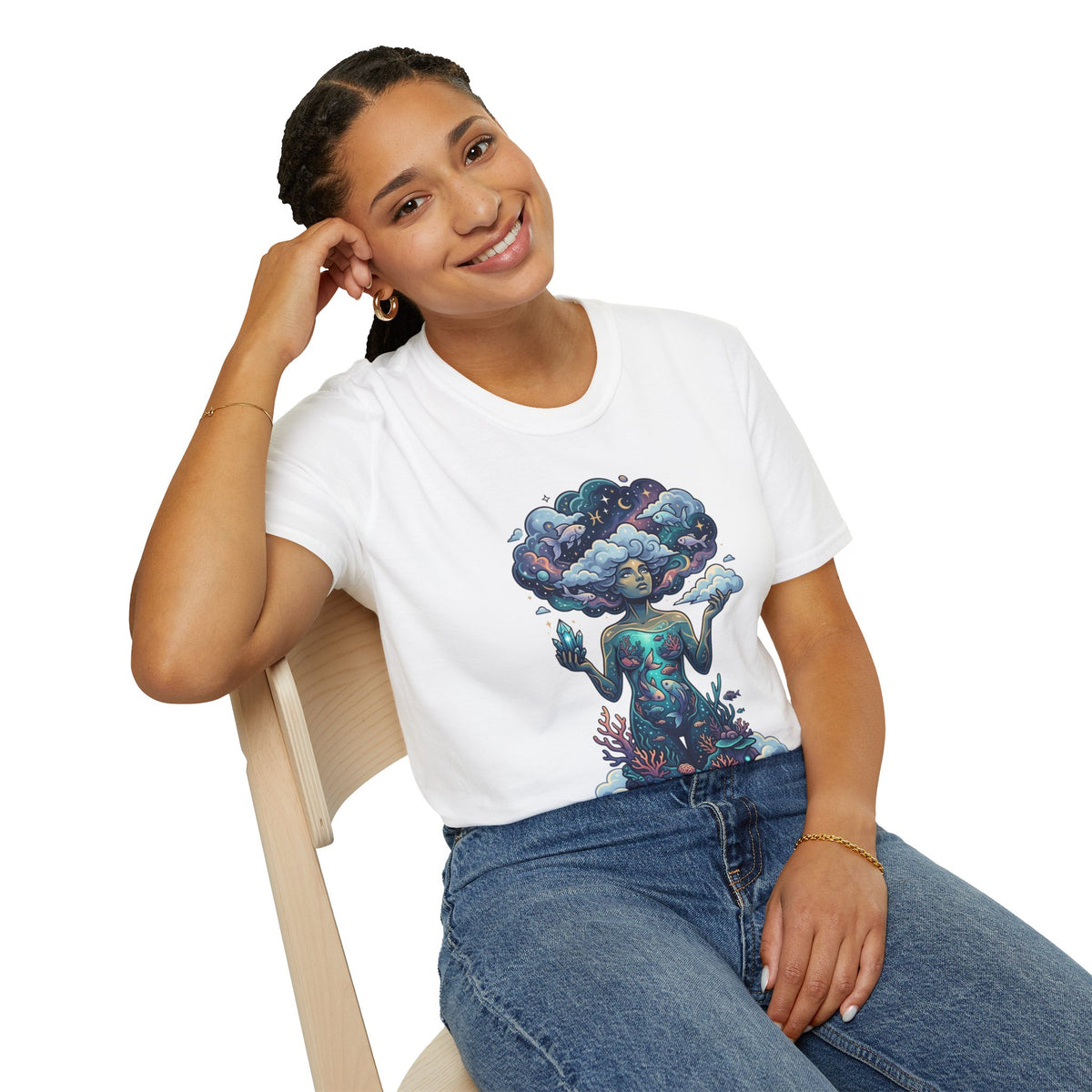 Pisces Zodiac in the Clouds T-Shirt — Dreamy Cosmic Woman Graphic Tee